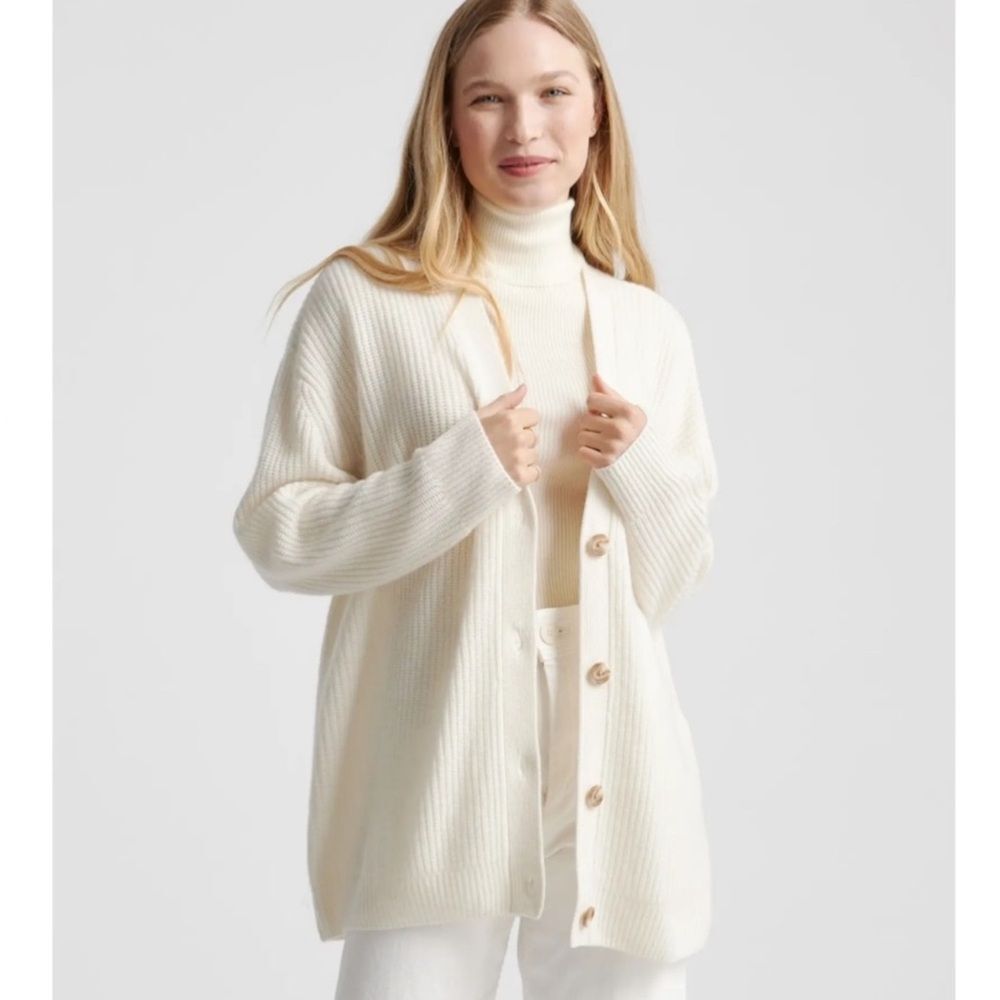 Quince Cashmere Cardigan Ivory Cream Button Front Ribbed Oversized Fisherman XS